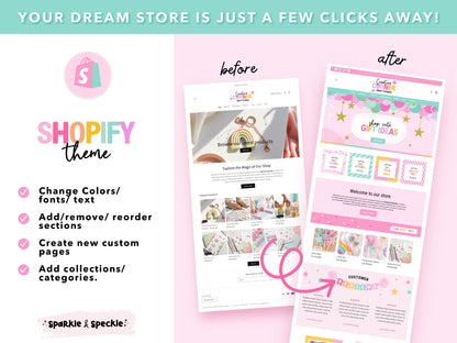 Before and after Shopify store makeover Before and after Shopify store makeover showing standard Shopify theme and then transformation to a beautiful cohesive colorful Party Shopify Theme.with editable sections, custom pages, collections, and professional ecommerce design.