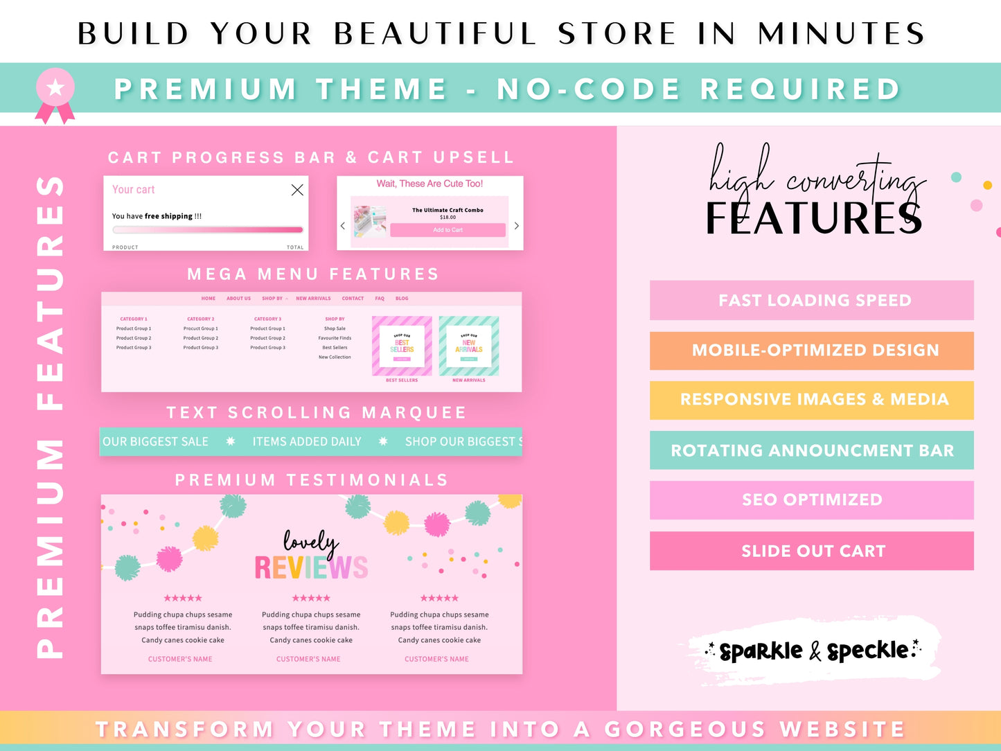 Preview the premium features included with this Craft Shopify Theme, including a mega menu, cart upsell, free shipping progress bar, scrolling text marquee, customer reviews, rotating announcement bar, responsive mobile design, fast-loading pages, SEO optimization, and other built-in features designed to create a beautiful shopping experience.