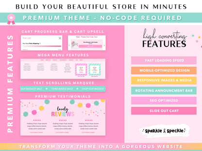 Preview the premium features included with this Craft Shopify Theme, including a mega menu, cart upsell, free shipping progress bar, scrolling text marquee, customer reviews, rotating announcement bar, responsive mobile design, fast-loading pages, SEO optimization, and other built-in features designed to create a beautiful shopping experience.