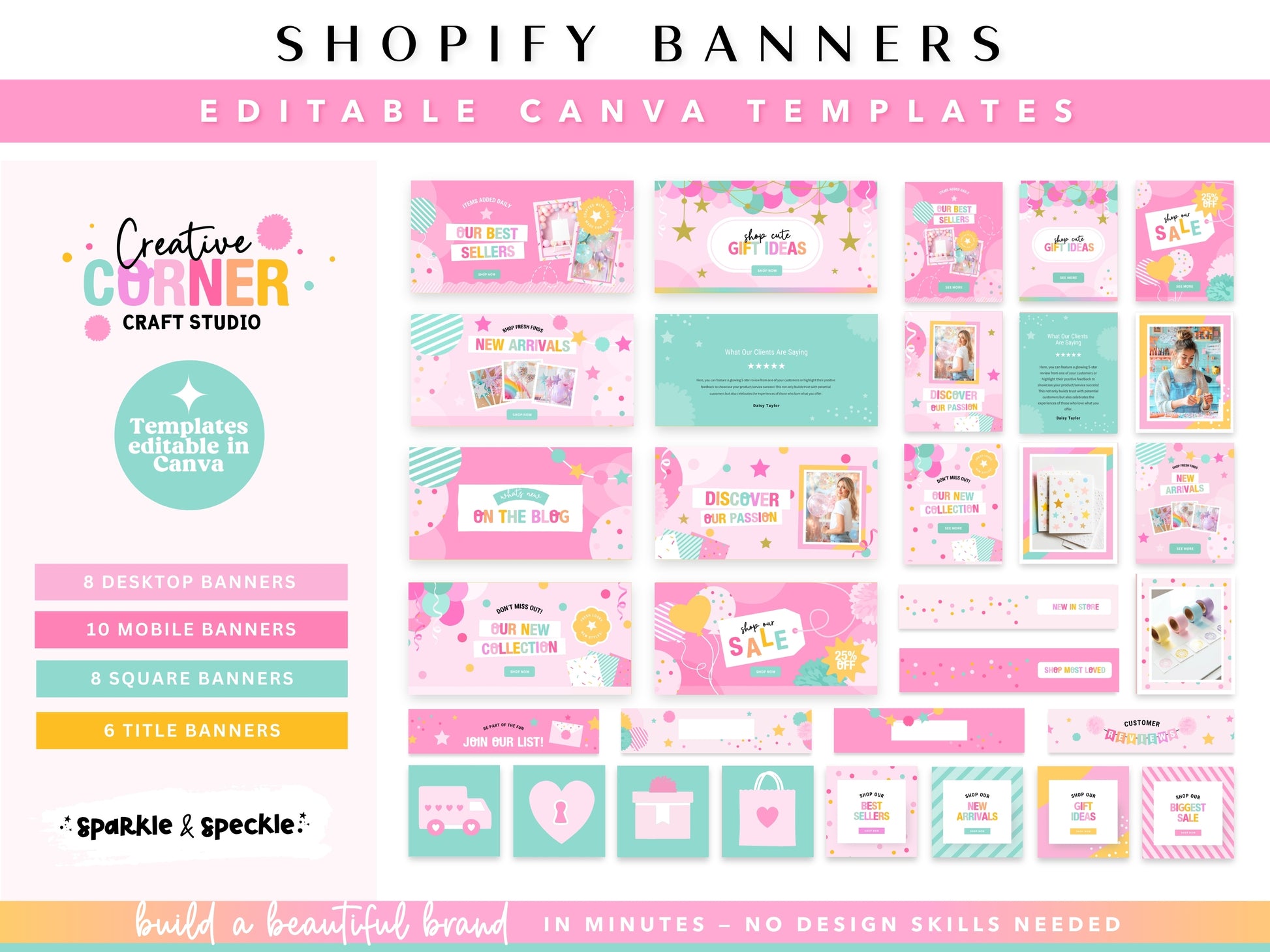 Image shows what's included featuring editable colorful bright party Canva Shopify banner templates with custom graphics and fonts sized for both desktop and mobile, so your storefront looks polished, cohesive, and beautiful on every device.