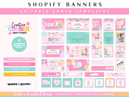 Image shows what's included featuring editable colorful bright party Canva Shopify banner templates with custom graphics and fonts sized for both desktop and mobile, so your storefront looks polished, cohesive, and beautiful on every device.