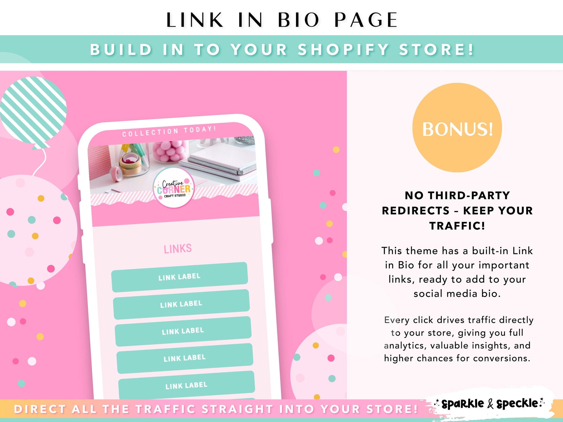 Party Shopify Theme with built-in Link in Bio page, editable Canva website banners, and colorful ecommerce website design for party supplies and balloon businesses.