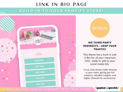 Party Shopify Theme with built-in Link in Bio page, editable Canva website banners, and colorful ecommerce website design for party supplies and balloon businesses.