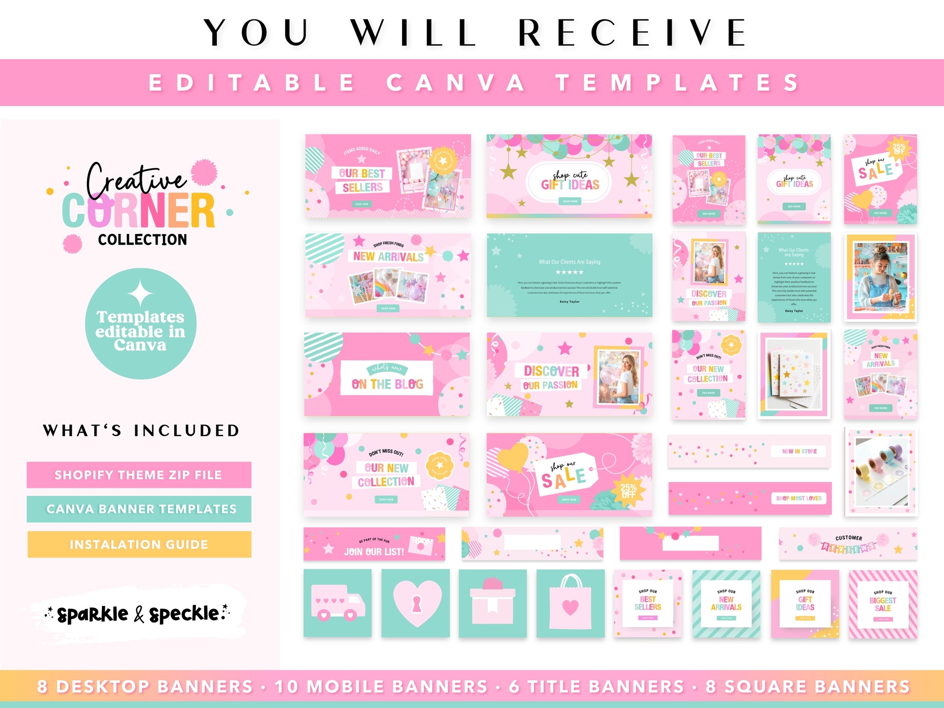 What's included with the Party Shopify Theme featuring editable Colorful bright Canva banner templates with custom graphics and fonts , Shopify theme files, installation guide, desktop and mobile website banners.