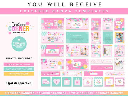 What's included with the Party Shopify Theme featuring editable Colorful bright Canva banner templates with custom graphics and fonts , Shopify theme files, installation guide, desktop and mobile website banners.