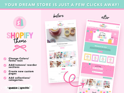 See the transformation possible with this Craft Shopify Theme. Compare a standard Shopify store before customization with the colorful finished website after adding the included Canva website banners, graphics, and branding to create a beautiful, cohesive online store.