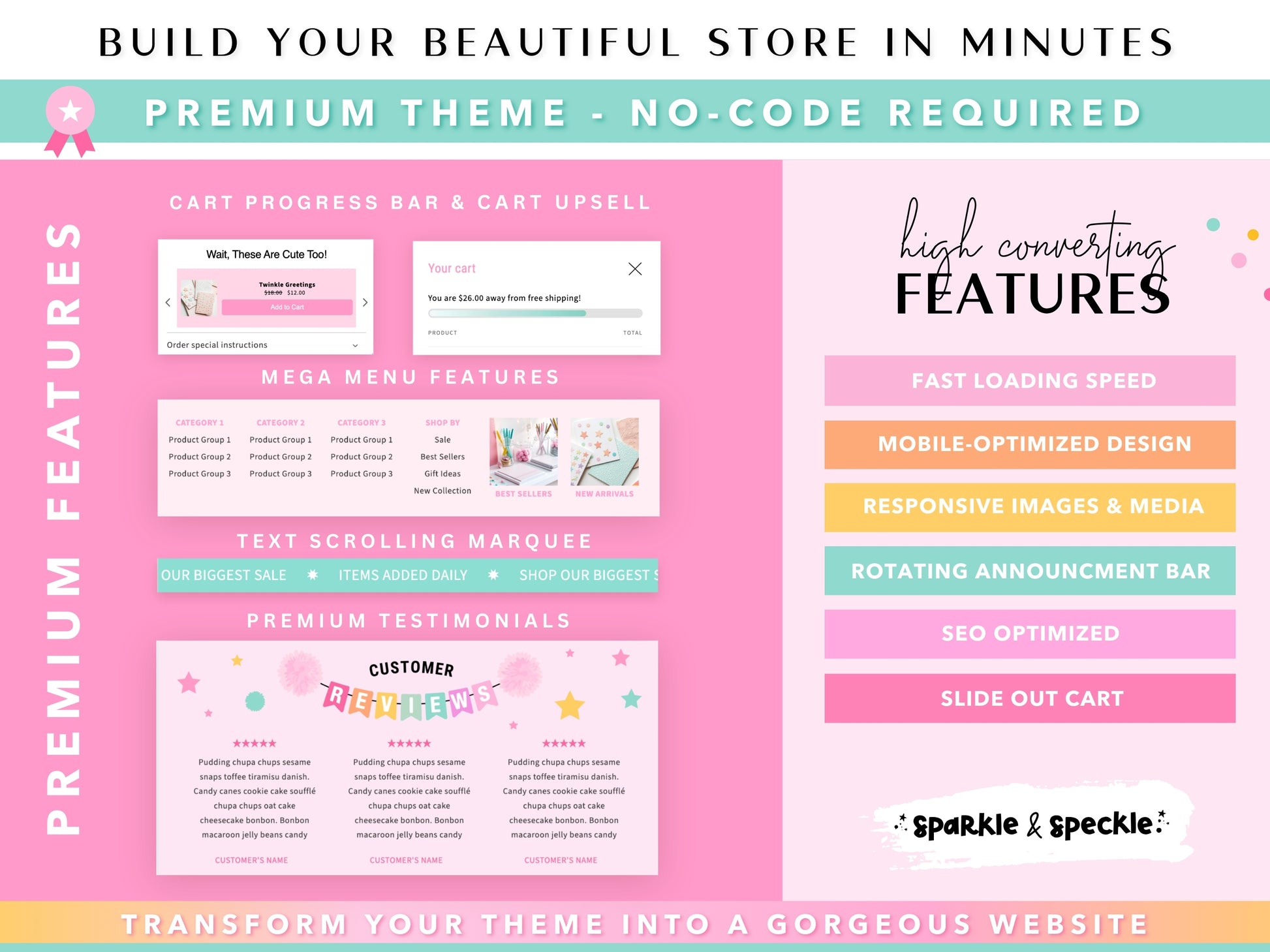 Shows how this Party Shopify Theme features premium features including a mega menu, cart upsell, free shipping progress bar, scrolling text marquee, customer reviews, rotating announcement bar, responsive mobile design, fast-loading pages, SEO optimization, Link-in-Bio and other built-in features designed to create a beautiful shopping experience.