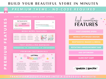 Shows how this Party Shopify Theme features premium features including a mega menu, cart upsell, free shipping progress bar, scrolling text marquee, customer reviews, rotating announcement bar, responsive mobile design, fast-loading pages, SEO optimization, Link-in-Bio and other built-in features designed to create a beautiful shopping experience.
