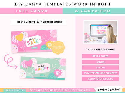 Editable Canva website banner templates showing how to customize colors, fonts, text, layouts, photos, logos, and branding for your Shopify store using Canva Free or Canva Pro.